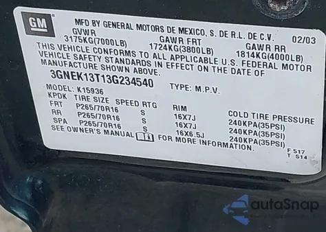 2003 Chevrolet Avalanche 1500 z USA, uszkodzony, nr VIN 3GNEK13T13G234540